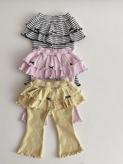 Tiered Skirt Ribbed Flared Pants ストライプフリル付ロングパンツ【mh0012935】