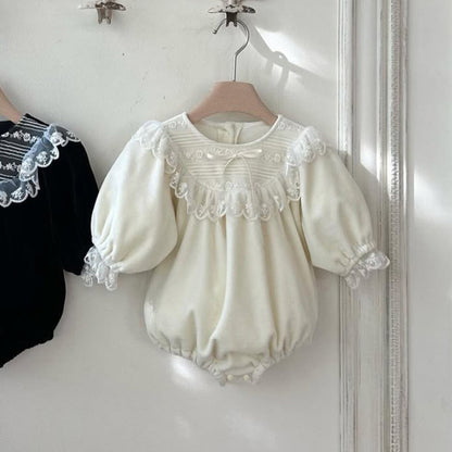 長袖ワンピース ベロア レースリボン パフスリーブ ドレス フォーマル【mh0011636】