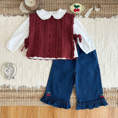 キッズ フラワー チェリー 刺繍 フリル ニット ベスト 長袖 ブラウス ワイド デニムパンツ【mh0014607】