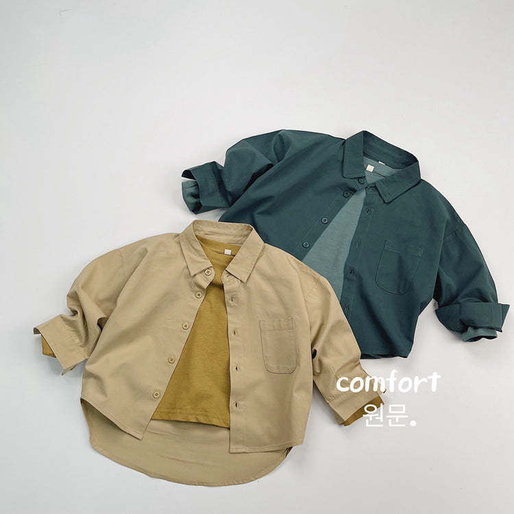 Camisa de manga larga lisa suelta con bolsillo en el pecho para niños【mh0013936】