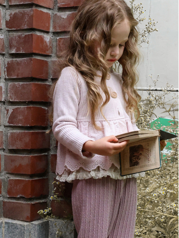 キッズ ジュニア ペプラム 花柄刺繍 レース切替 ニット カーディガン【mh0014799】