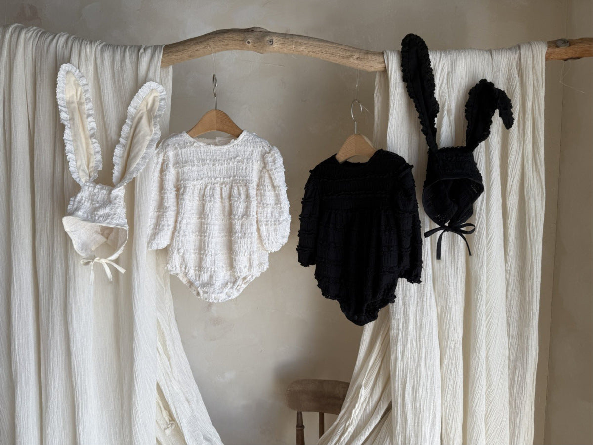 Baby Long Sleeve Romper with Ruffles, Bunny Ear Bonnet Set【mh0013880】