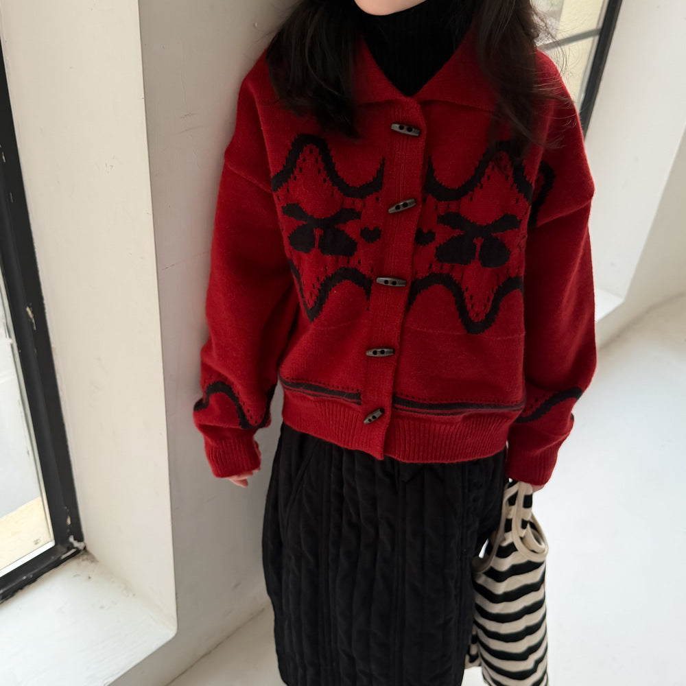Knit jacket with collar, cherry print, thick cardigan, toggle buttons [mh0011863]