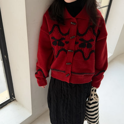 Knit jacket with collar, cherry print, thick cardigan, toggle buttons [mh0011863]