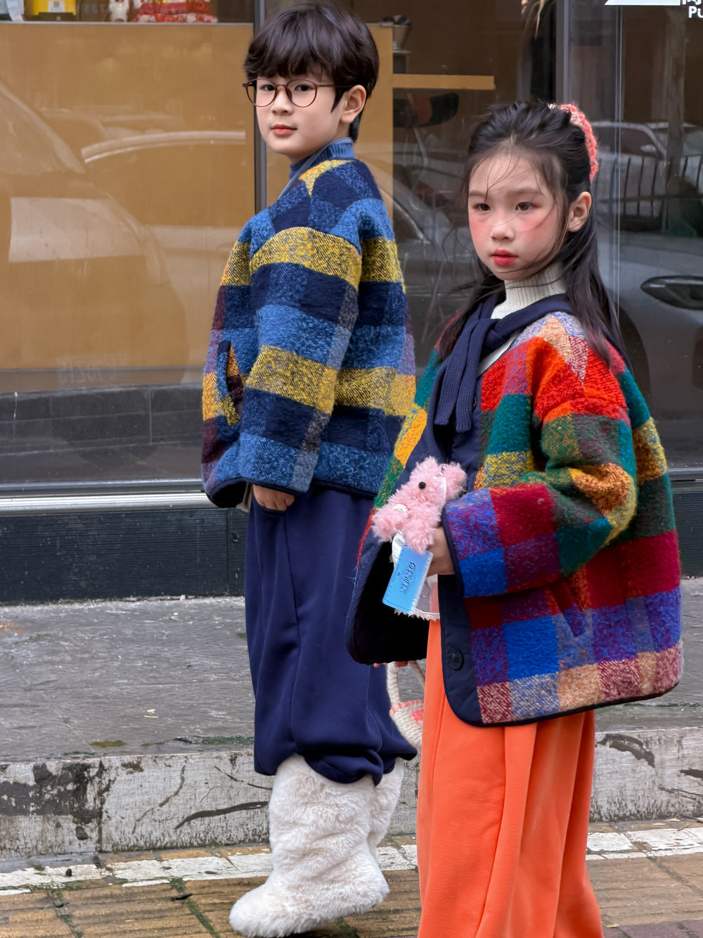 マドラスチェックノーカラージャケット カラフルブロックチェック アウター【mh0011873】