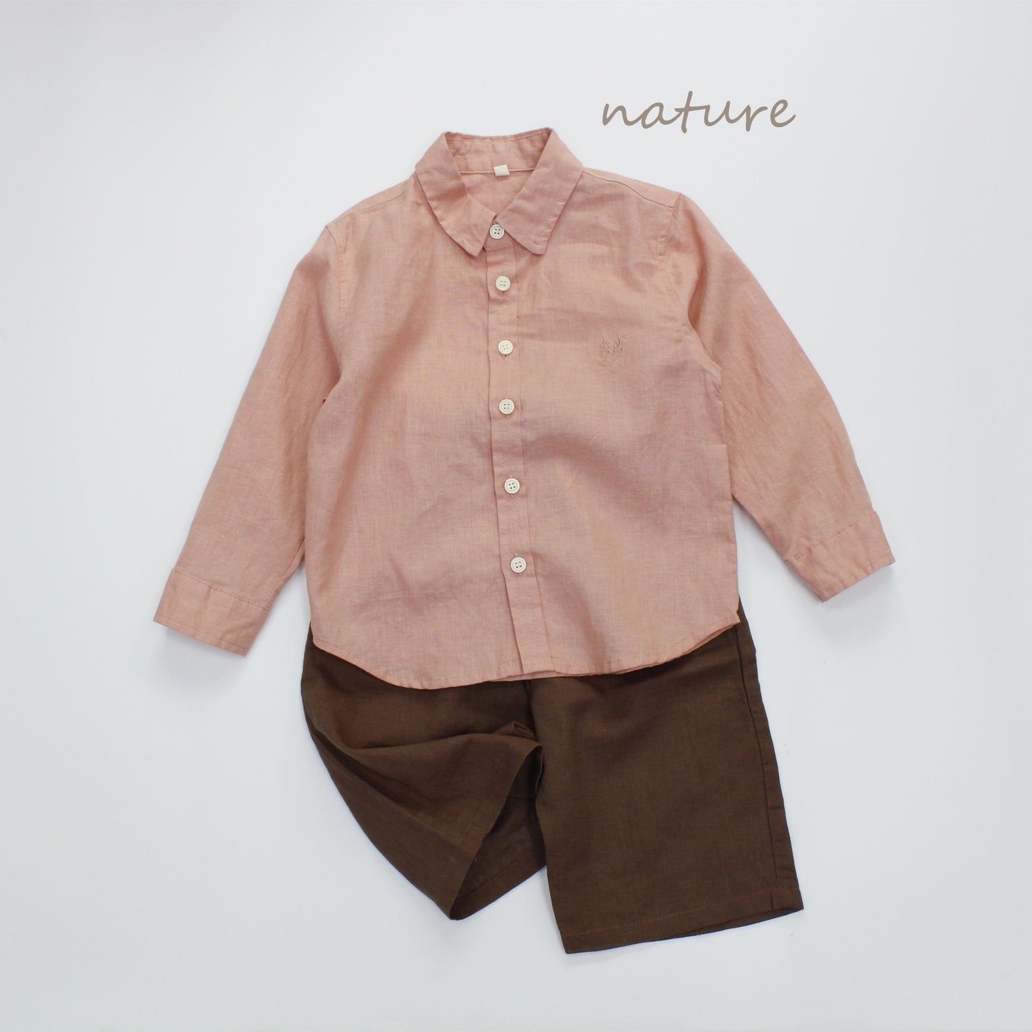 Embroidered Deer Linen Blend Top ワンポイント長袖シャツ【mh0013630】