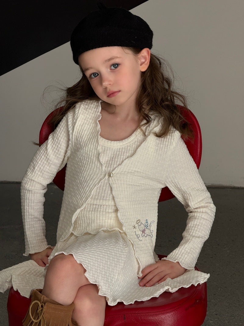 Kids' Mellow Frill Waffle Knit Long-Sleeve Cardigan, Camisole, and Flare Skirt Set [mh0014077]