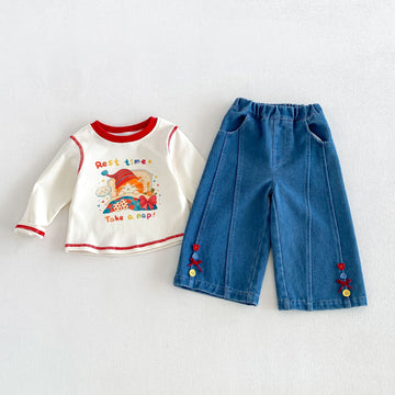 Kids' Long-Sleeve Print T-Shirt, Hem Button, Ribbon Stitch Denim Pants [mh0014045]