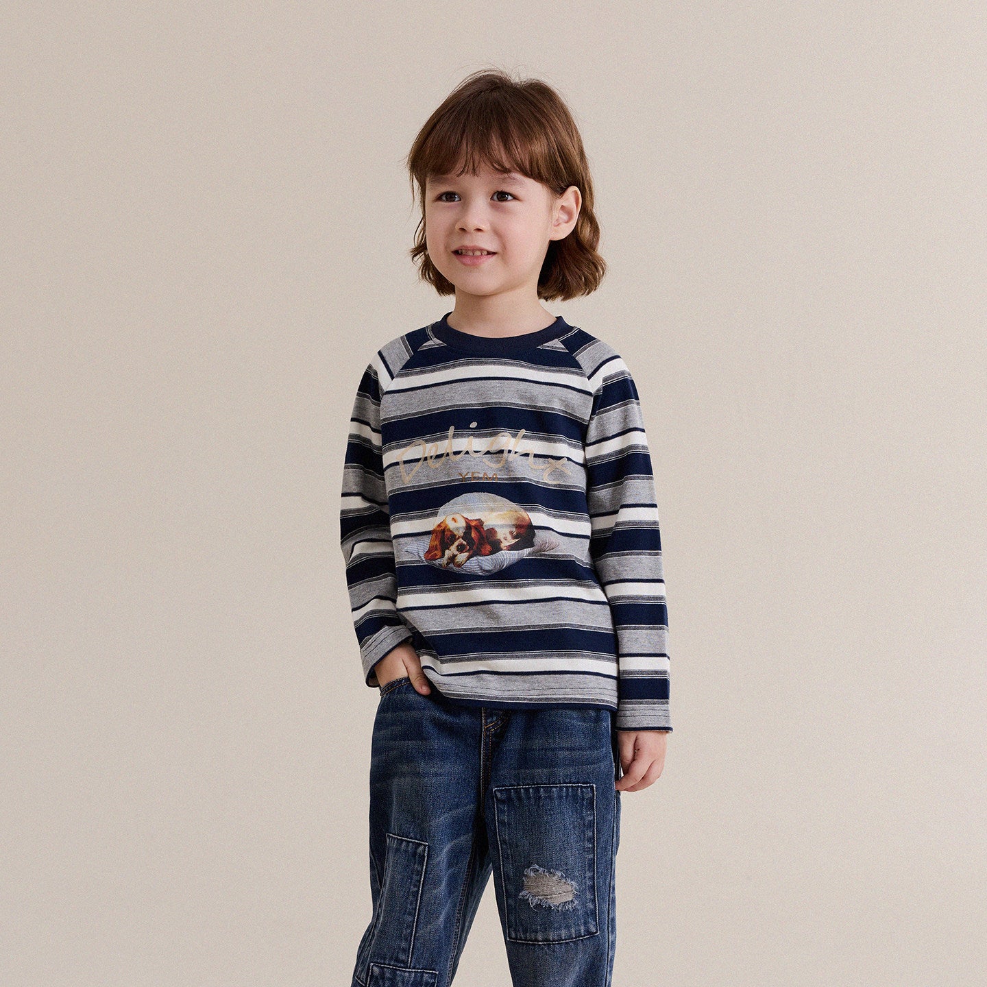 Camiseta de manga larga raglán con estampado de perro a rayas para niños/junior