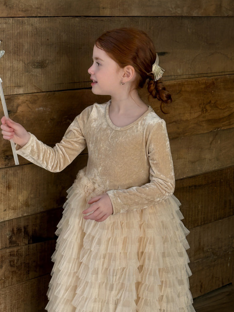 長袖ワンピース ベロア チュチュ チュールスカート パーティドレス【mh0011881】