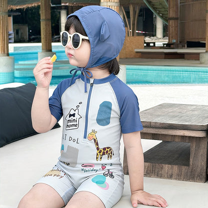 Cartoon Giraffe Quick-Dry Swimwear キリン 半袖水着 スイムキャップ セット【mh0013329】