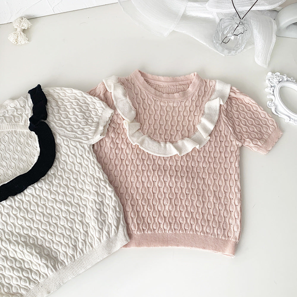 Baby Kids Openwork Knit Ruffled Summer Top Backless Short Sleeve T-Shirt [mh0002013]