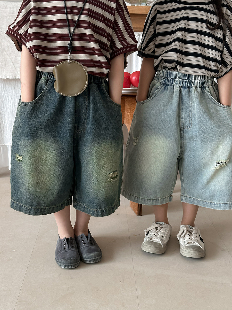 Vintage Distressed Wide Denim Capris ヴィンテージ ハーフデニムパンツ【mh0013462】
