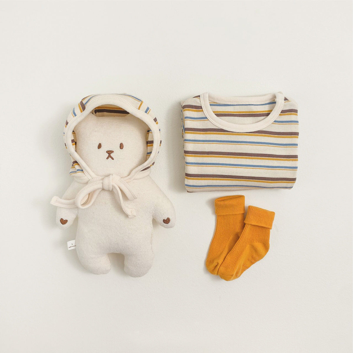 -カラフルボーダーロンパース ボンネット付き リブ編み コットンカバーオール 2点セット【mh0010891】 - mamahalo shop - 長袖ロンパース -  べビー服 - 子供服 - 男の子 - 女の子