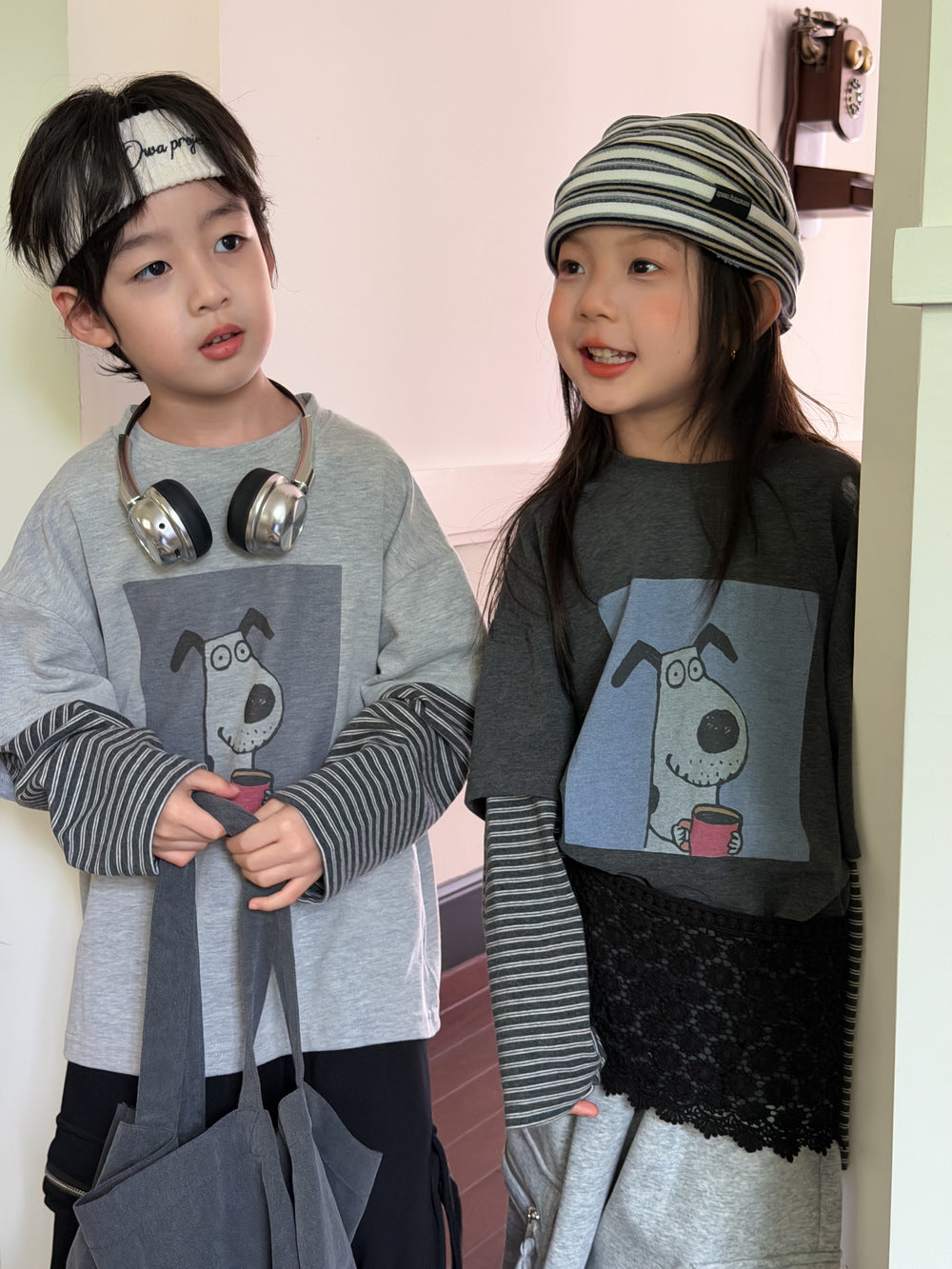 キッズ ボーダー ドッグプリント 重ね着風 長袖Tシャツ【mh0013920】