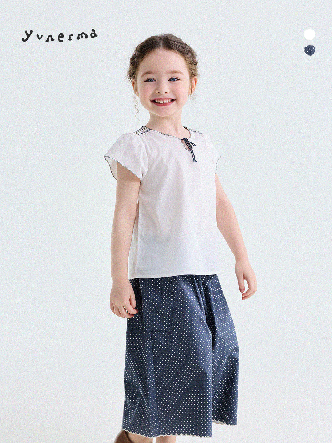 Embroidered Blouse and Polka Dot Pants スカラップ ドット柄 ブラウス ロングパンツ【mh0013194】
