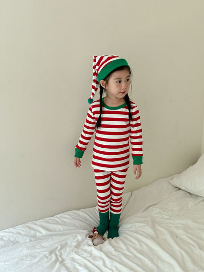 Kids' striped long-sleeve T-shirt, easy-fit long pants, and pom-pom motif cap: 3-piece set【mh0008100】