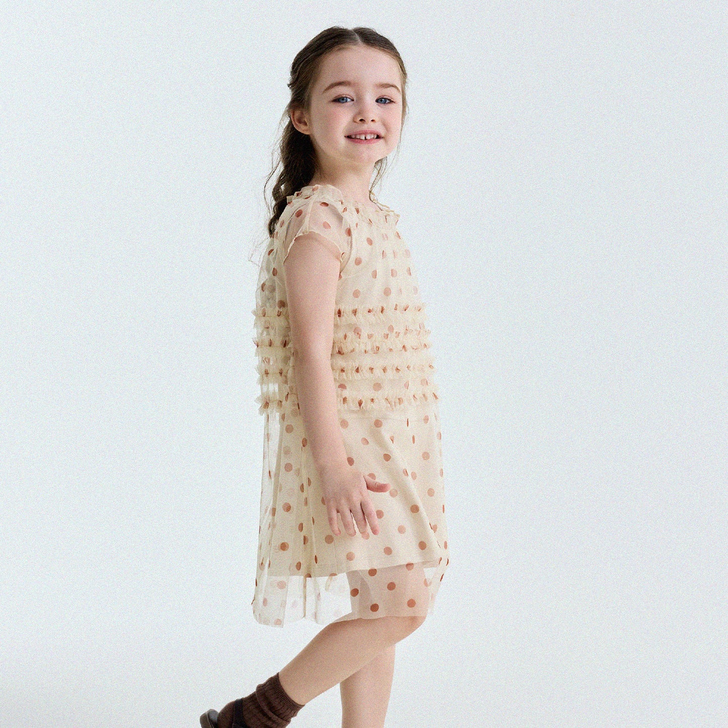 Polka Dot Ruffle Mesh Dress チュール フレンチスリーブワンピース【mh0013199】