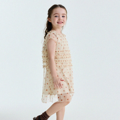 Polka Dot Ruffle Mesh Dress チュール フレンチスリーブワンピース【mh0013199】