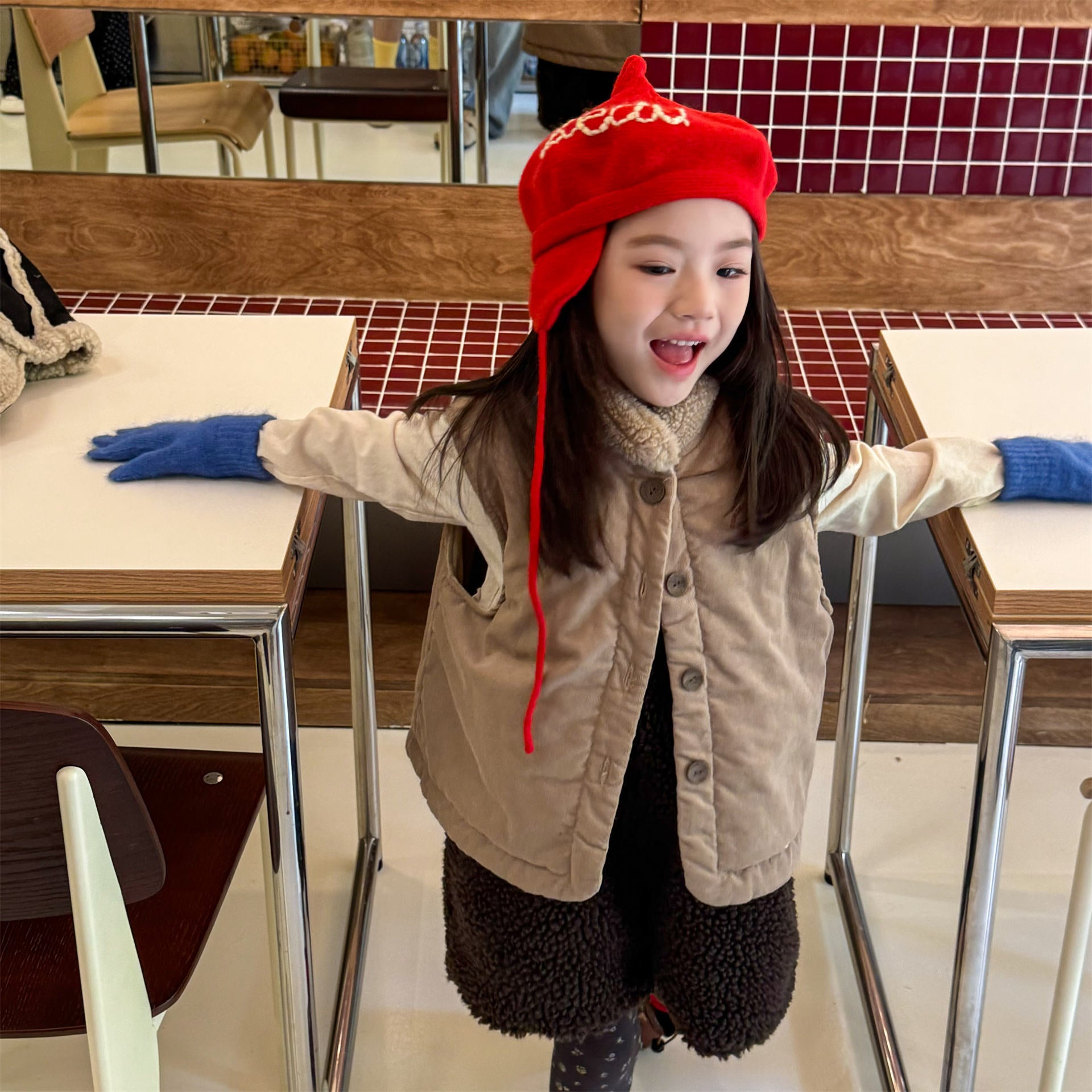 -ボア襟コーデュロイキルティングベスト刺繍入りアウター【mh0010915】 - mamahalo shop - ベスト -  べビー服 - 子供服 - 男の子 - 女の子