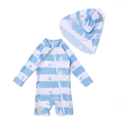 One-Piece Surf Wear With Matching Cap プリント 長袖水着 帽子セット【mh0013315】