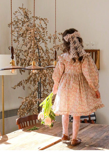 Puff Sleeve Plaid Flower Dress パフスリーブ チェック フラワー ワンピース【mh0001542】