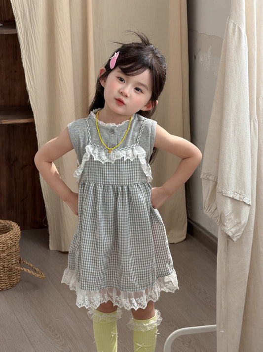 Gingham Dress & Sleeveless Top Set Gingham Check Dress Lace T-shirt [mh0012762]