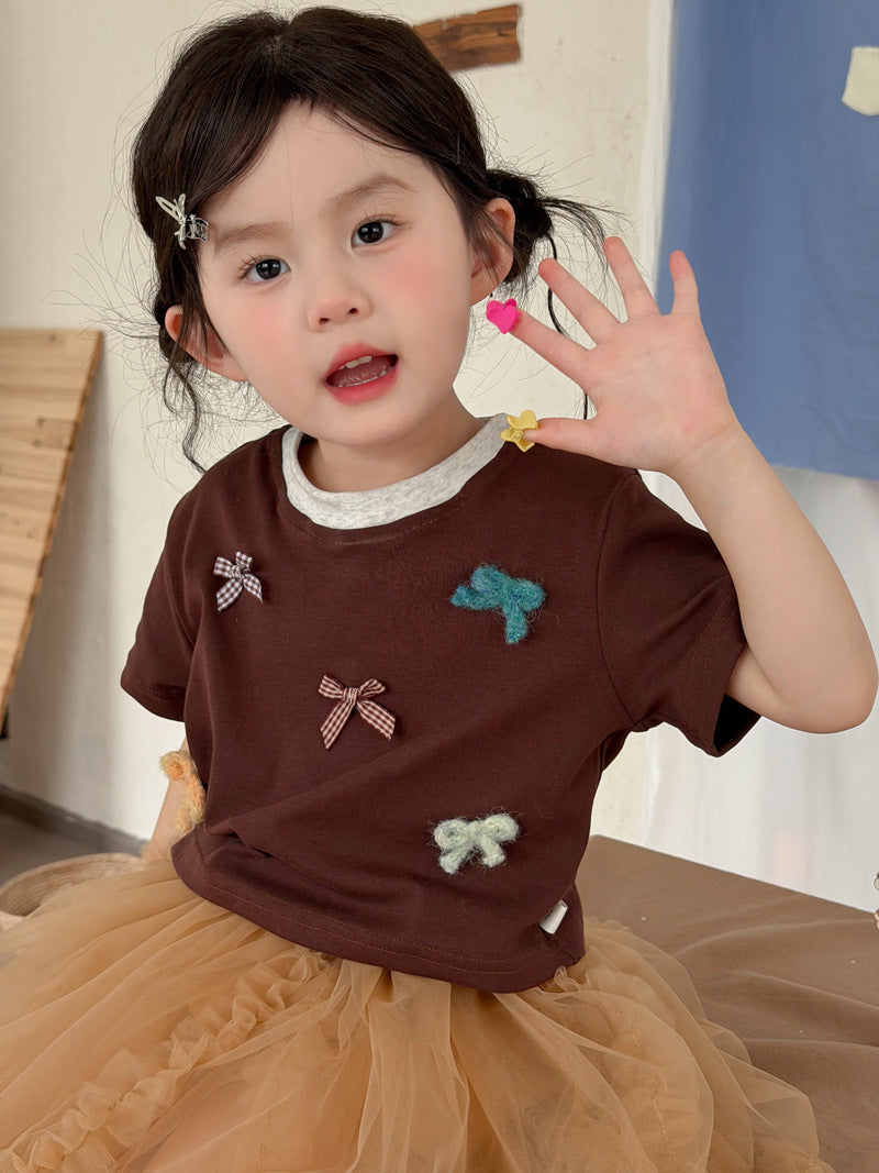 Multi-Bow Layered Neck T-Shirt リボンモチーフ 半袖Tシャツ【mh0013115】