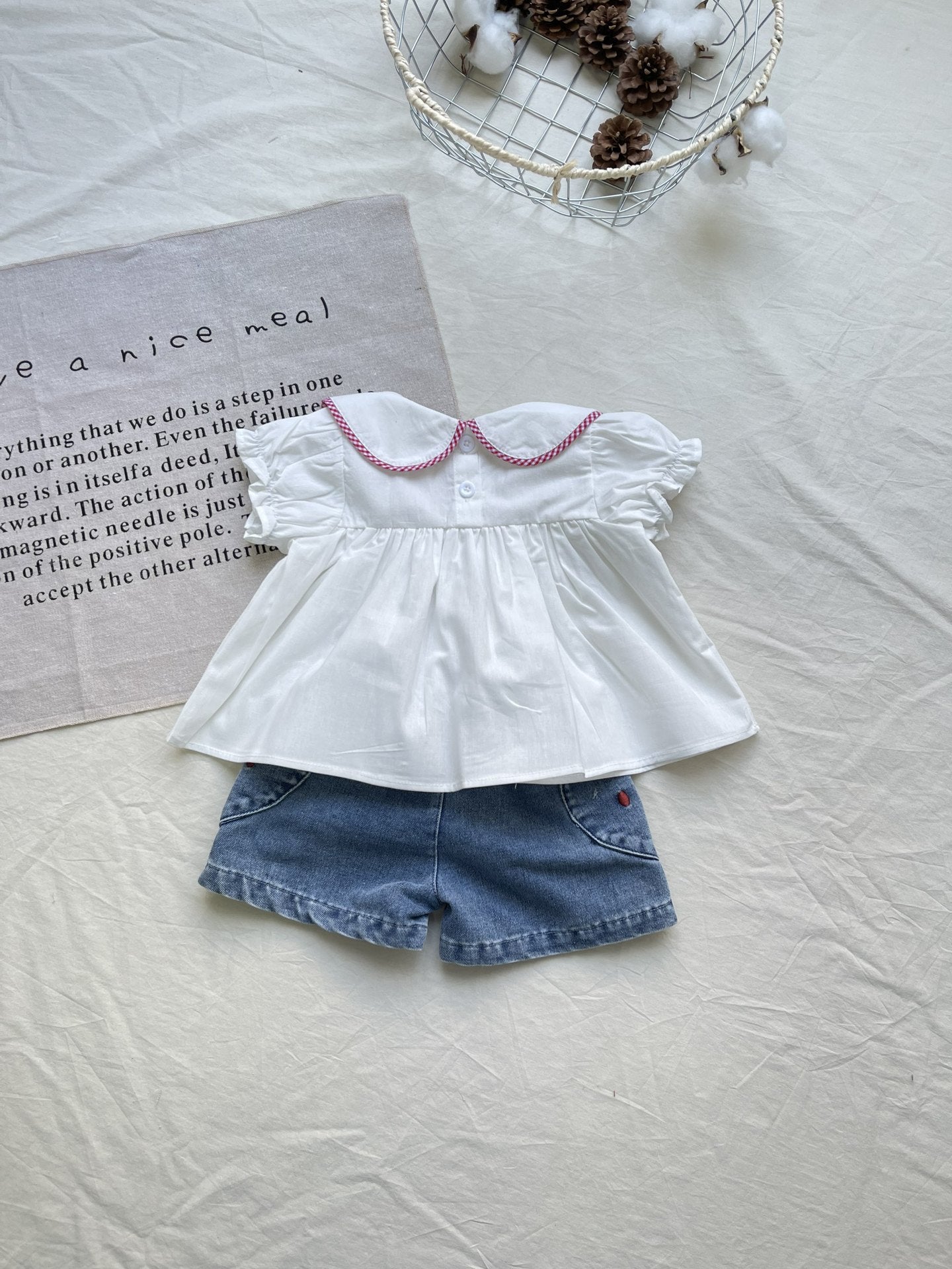 Gingham Plaid Piping Set Gingham Check Short Sleeve Blouse & Denim Shorts [mh0012912]