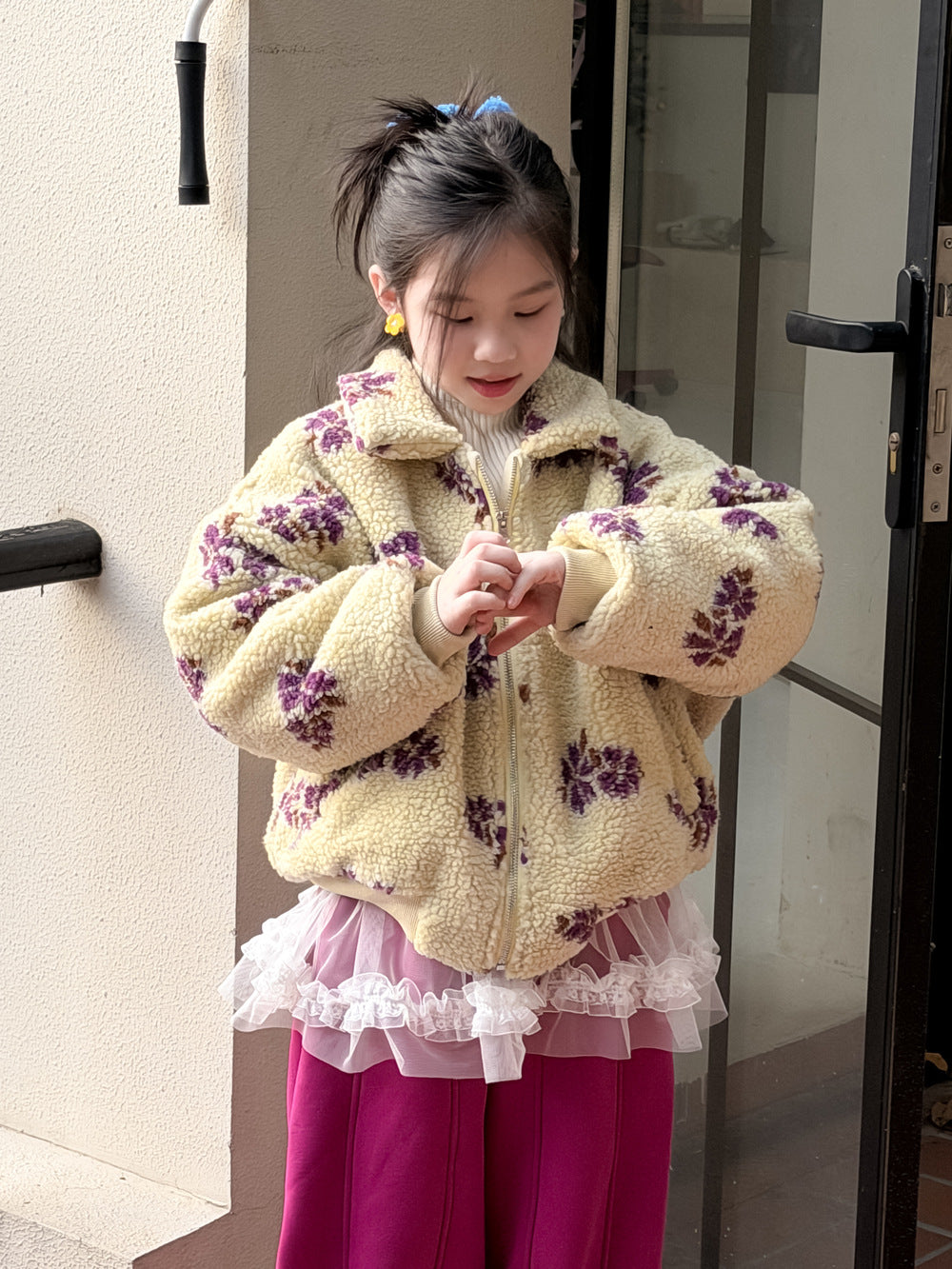 フリースジップアップジャケット フラワー花柄 襟付き【mh0011871】