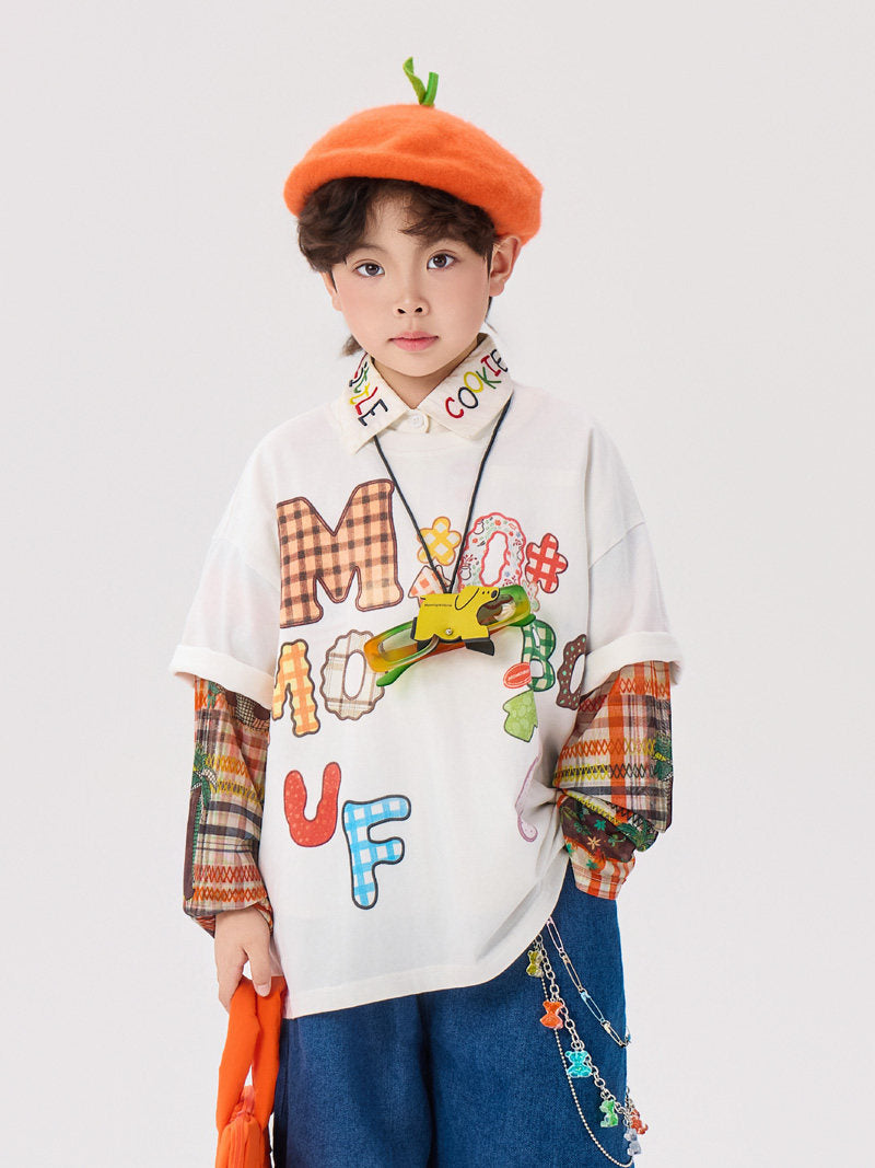 Spliced Graphic Tops & Denim レイヤードロゴ 長袖Tシャツ デニムパンツ【mh0012997】
