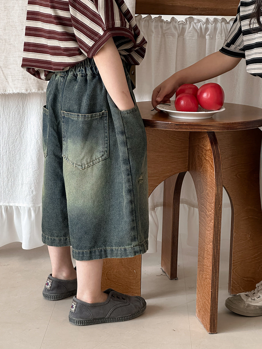 Vintage Distressed Wide Denim Capris ヴィンテージ ハーフデニムパンツ【mh0013462】