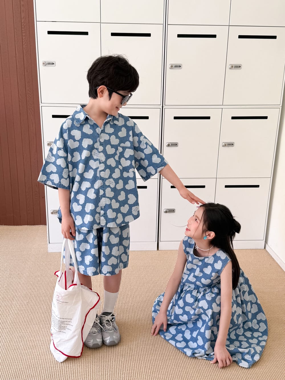 Heart Pattern Denim Set Dress ハート 半袖シャツ ハーフパンツ ノースリーブワンピース【mh0013526】