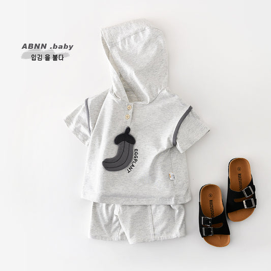 Cartoon Hooded Set Eggplant Print Short Sleeve Setup [mh0012852]