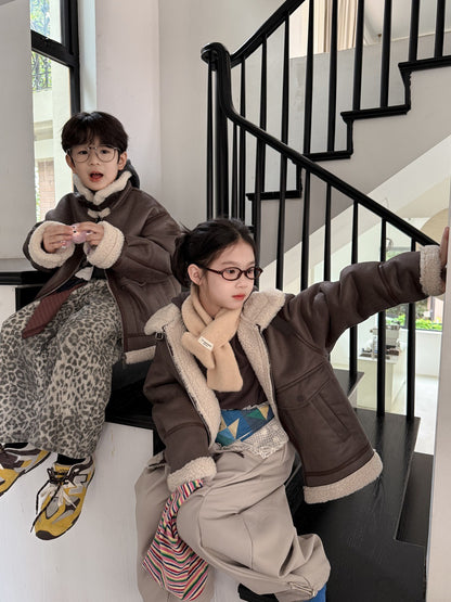 フェイクムートンジャケット キッズ ボア 厚手 ラペル フェイクレザー アウター【mh0011677】