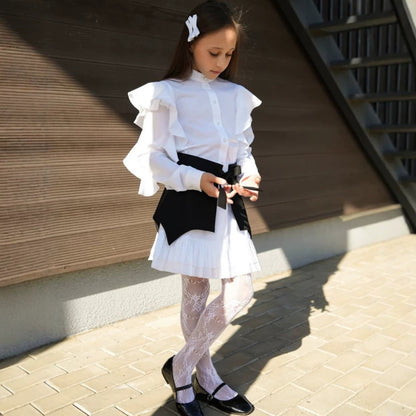 Kids' Ruffle Motif Long-Sleeve Shirt, Corset Belt, and Miniskirt 3-Piece Set 【mh0014735】