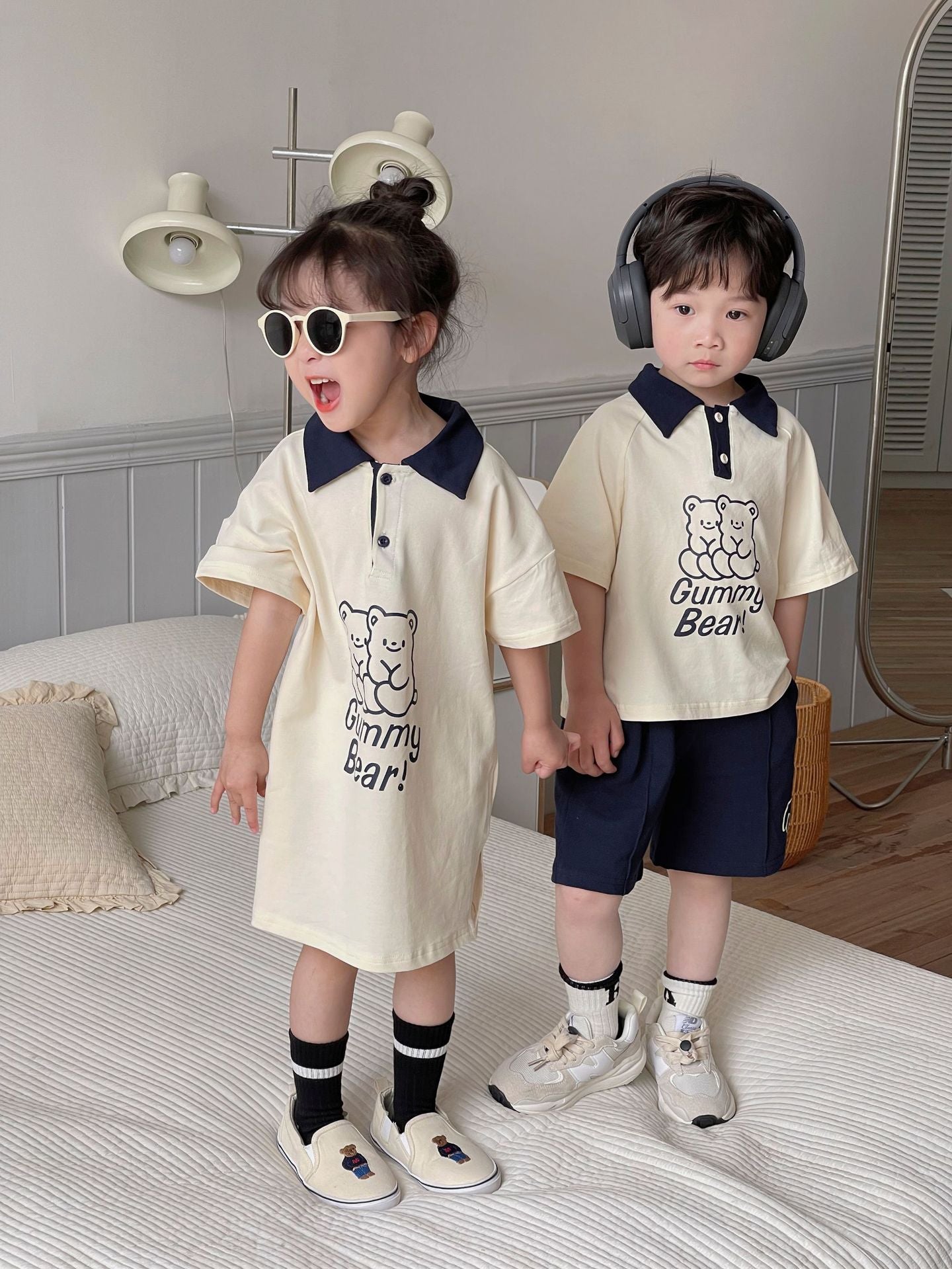 Polo de manga corta con estampado de osos para niños, pantalones cortos y vestido [mh0001950]