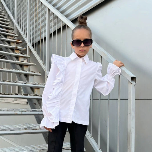 Kids' Side-Ruffle Cotton Long-Sleeve Shirt [mh0014744]