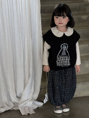 Kids Polka Dot Peter Pan Collar Long Sleeve T-Shirt, Knit Vest, Cropped Pants [mh0013898]