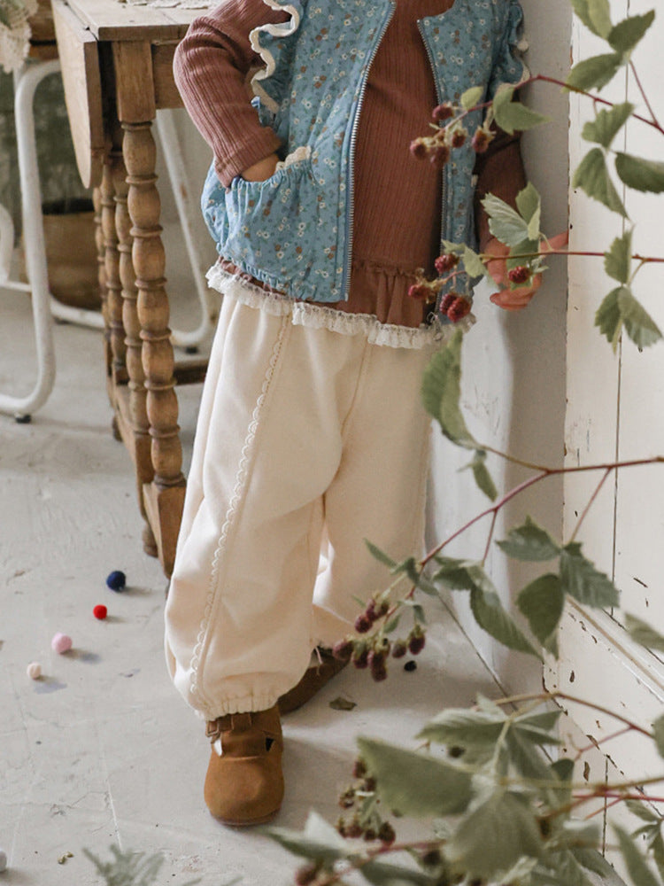 【mh0014801】2026 Otoño Nuevo Strawberry Shan Coreano Niños Niñas Elegante Encaje Holgado Versátil Casual Deportes Pantalones de Chándal