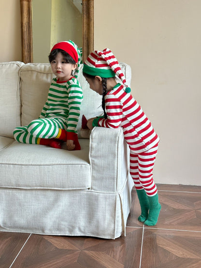 Kids' striped long-sleeve T-shirt, easy-fit long pants, and pom-pom motif cap: 3-piece set【mh0008100】