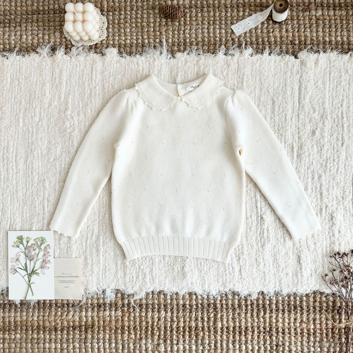 Jersey de punto para niños con cuello redondo, volantes, borde festoneado y calados [mh0014616]