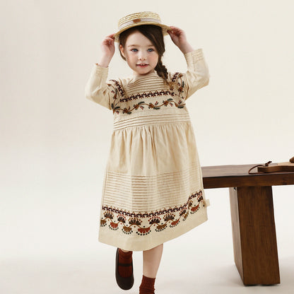 -長袖ワンピース 麻混素材 刺繍 ボヘミアン ギャザー フレア 森ガール【mh0011303】 - mamahalo shop - 長袖ワンピース -  べビー服 - 子供服 - 男の子 - 女の子