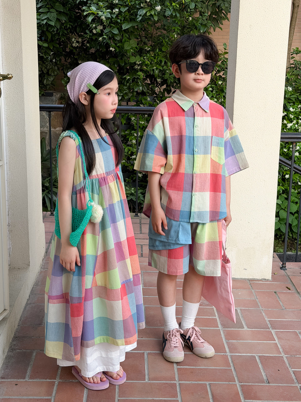 Gingham Multi Colored Dress Shirt Shorts Set ノースリーブワンピース 半袖シャツ パンツ【mh0013523】