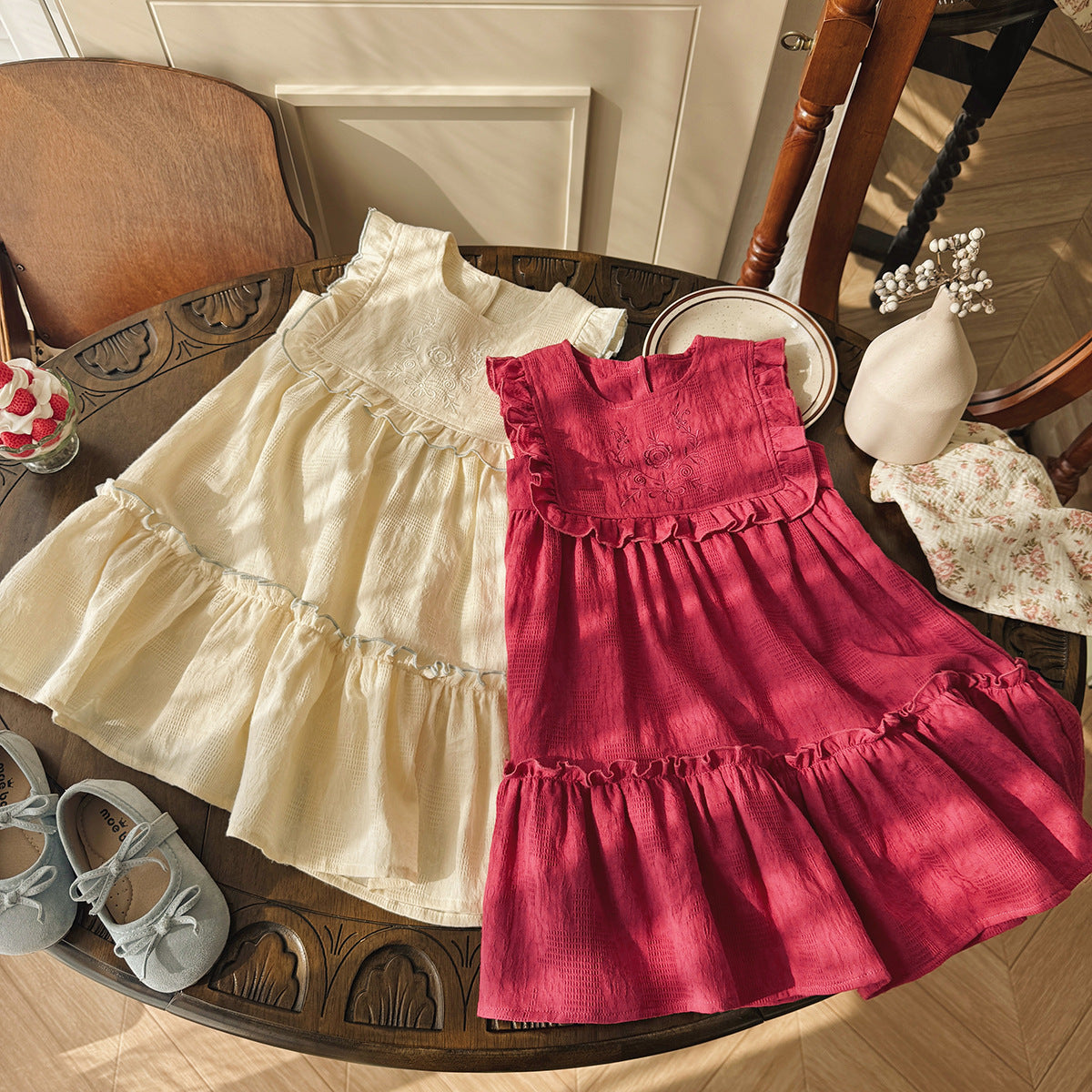 French Vintage Flower Embroidered Dress フレンチ ノースリーブワンピース【mh0013654】