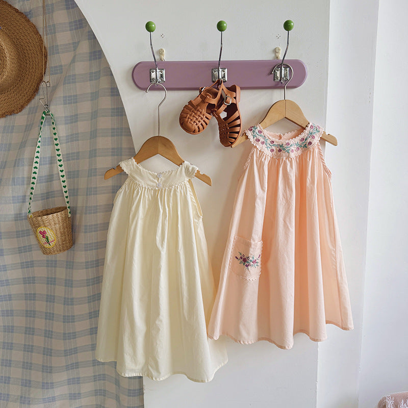 Camellia Embroidery Tiered Strap Dress フラワー ノースリーブワンピース【mh0013658】