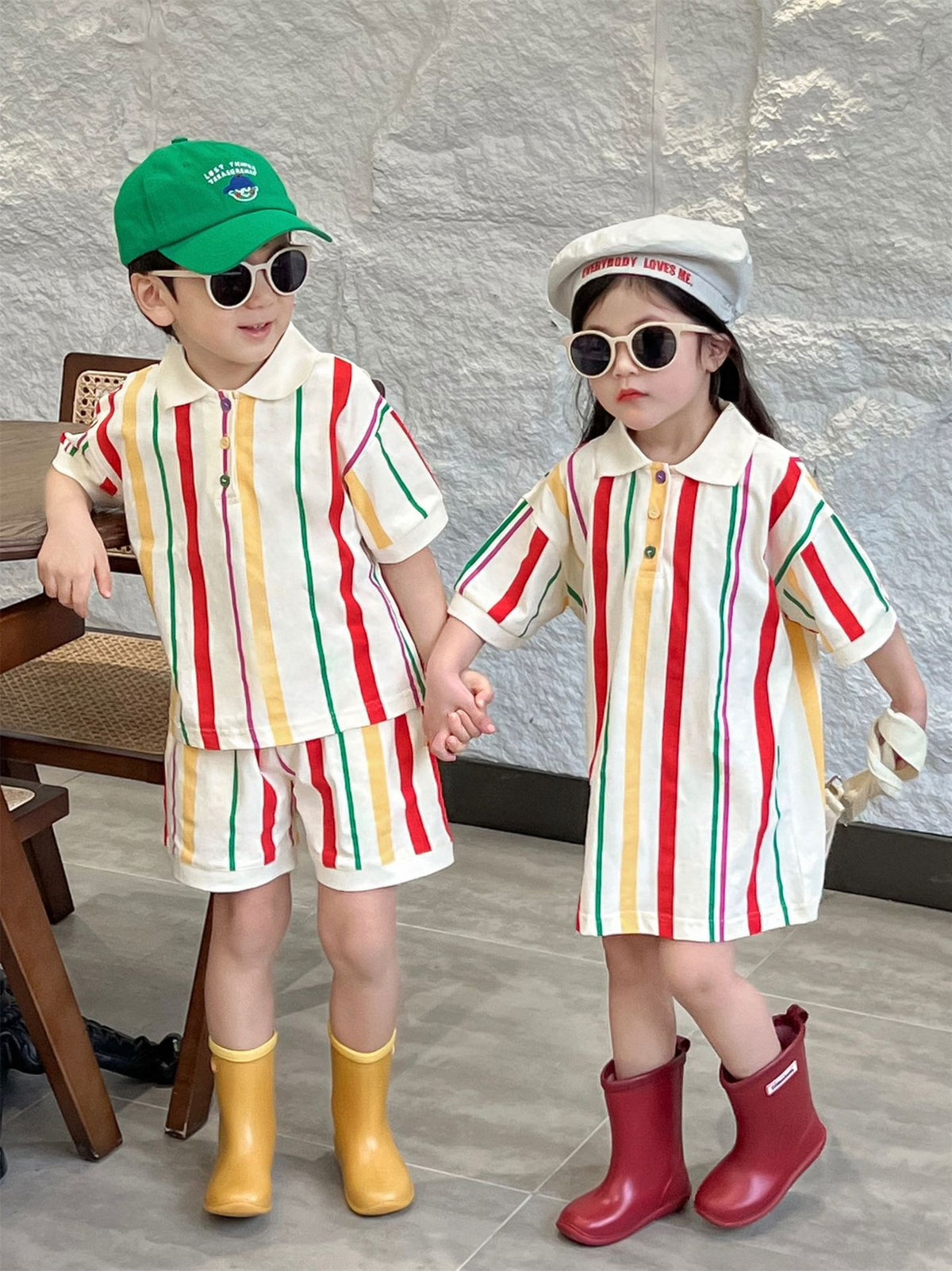 Polo de rayas de colores para niños, pantalón corto, vestido [mh0001948]