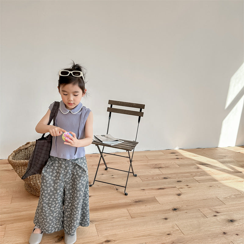 Kids' Ribbed Sleeveless T-shirt with Collar and Round Neck【mh0001795】
