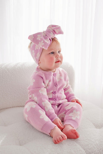 長袖ニットロンパース 花柄 ジャカードニット ジャンプスーツ ヘアバンド【mh0011856】