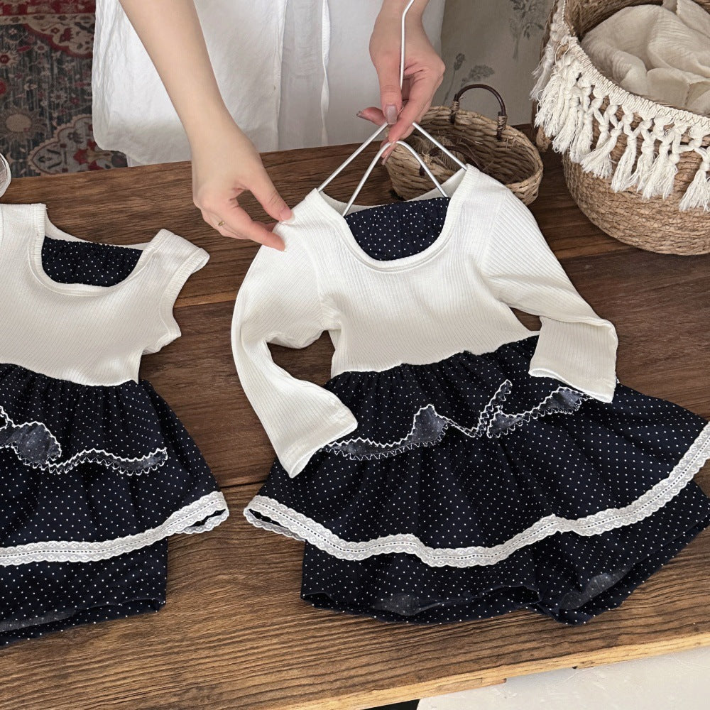 Baby Kids Polka Dot Ribbed Long Sleeve T-Shirt and Culottes Set